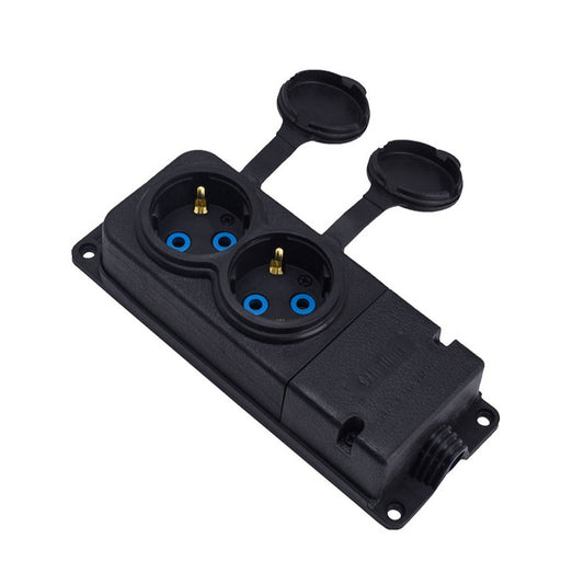 Soclu dublu din cauciuc negru ermetic montat la suprafață 250V, 16A, IP44, SCHUKO 2P+Z, 2KMP-F, Bylion