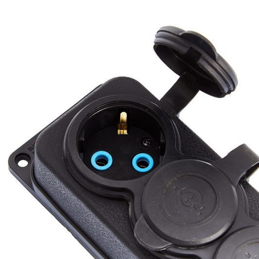 Priză triplă "cauciuc" neagră cu capac ermetic IP44 250V, 16A, SCHUKO 2P+Z, 3KMP-F, Bylion