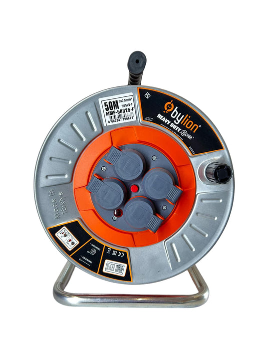 Professional metal cable reel with 3x2,5 mm2 copper cable, IP44 with overload protection, 16 A current, Schuko type with 4 sockets, length 50M, cable color: orange