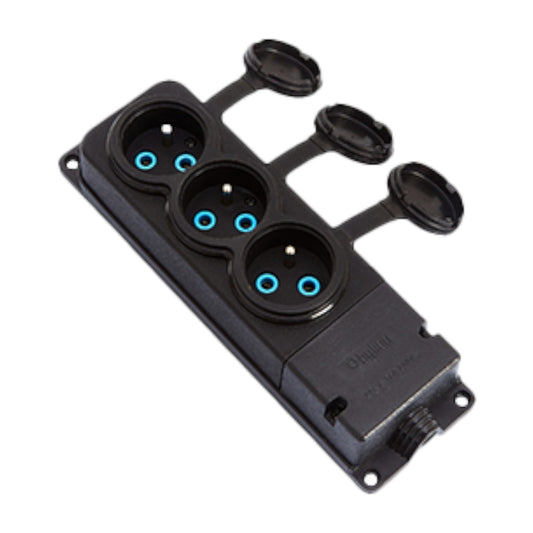 3x socket, French type E, triple "rubber" black socket with hermetic cover IP44 250V, 16A, 2P+Z, 3KMP-E, Bylion