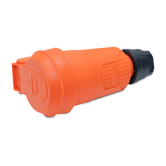Priză ermetică portocalie din cauciuc IP54 cu clapetă 16A 250V tip francez (Pin) RDP-O-E Bylion