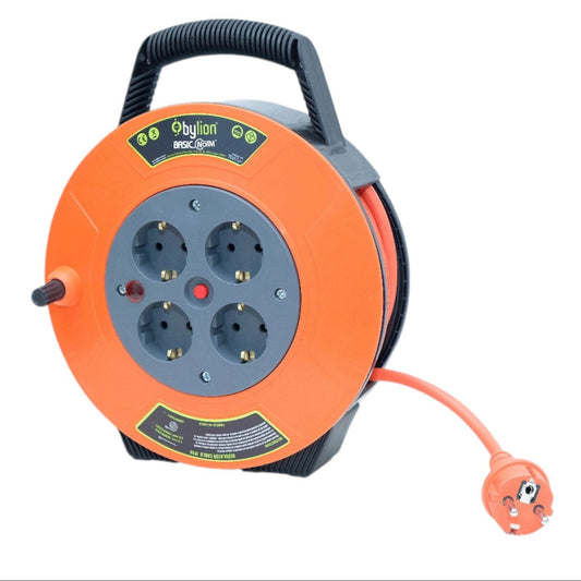 Bobină de cablu de extensie rulabilă compactă / tambur de cablu, 10m 4 prize IP20, siguranță termică / pentru copii, 3x1mm2, tip SCHUKO, PKE-10310-F