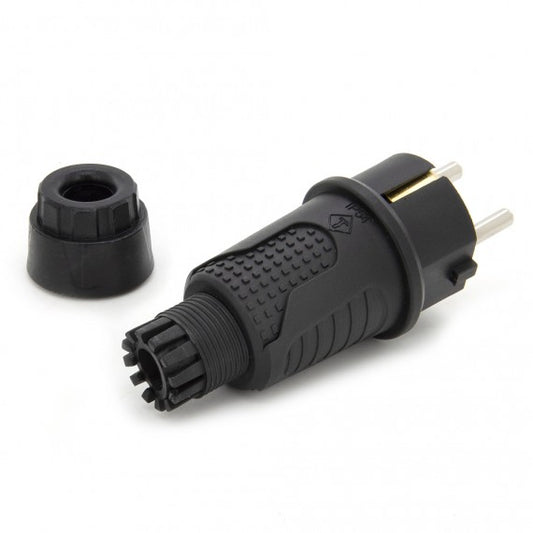 Dop de cauciuc negru IP54, 250v 16a pe cablu, Uni-Schuko (dublă legare la pământ), 2P+E, REF, Bylion