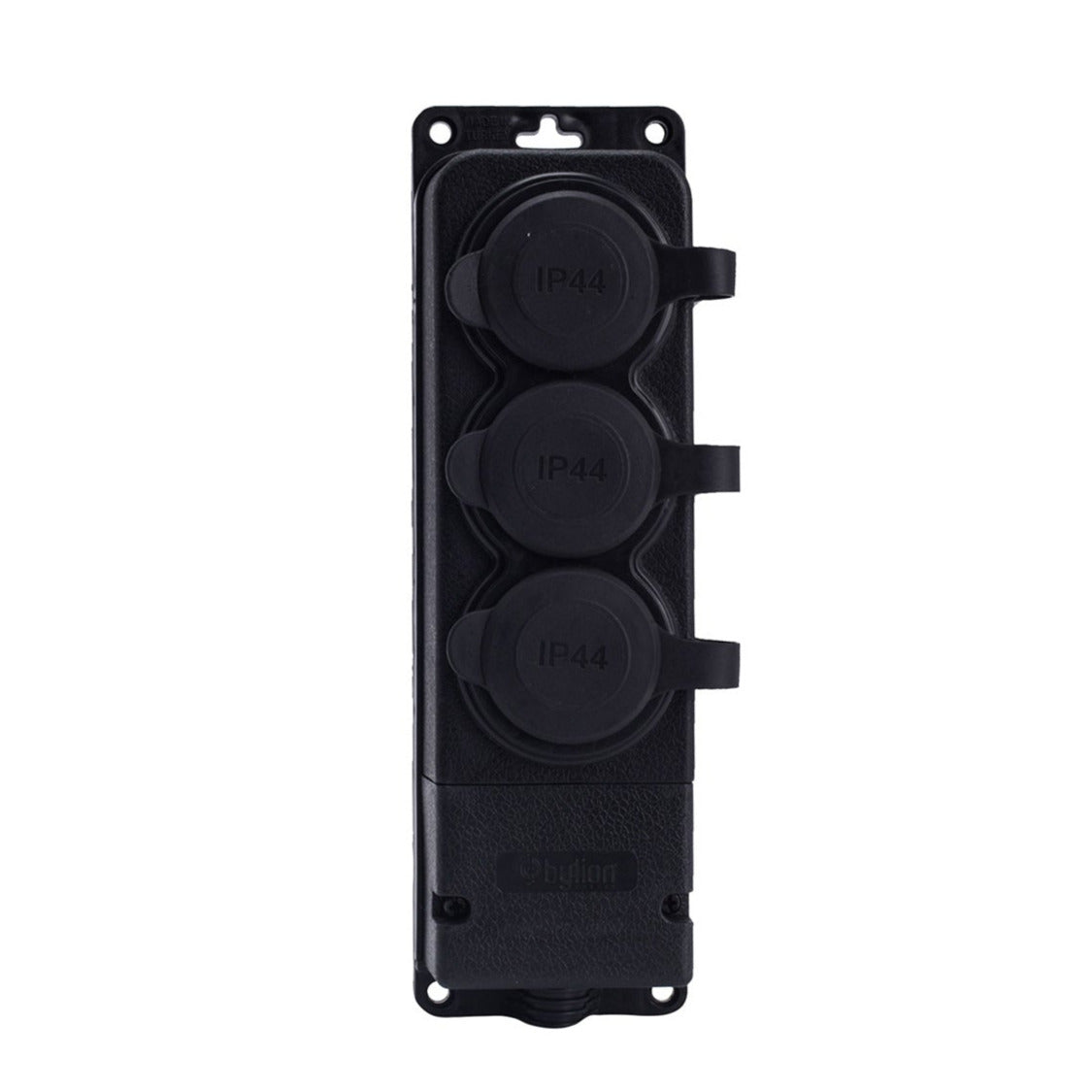 Priză triplă "cauciuc" neagră cu capac ermetic IP44 250V, 16A, SCHUKO 2P+Z, 3KMP-F, Bylion