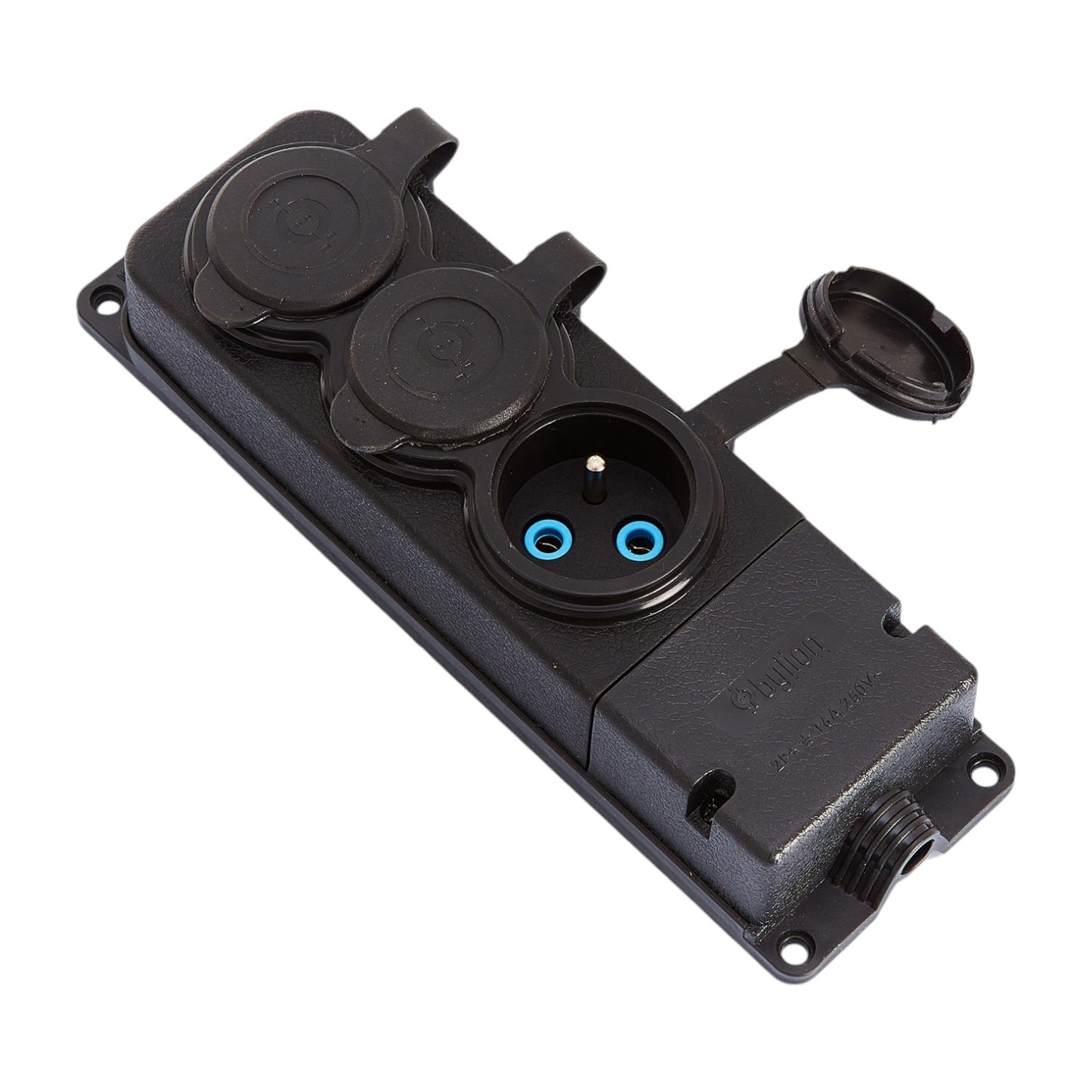 3x priză, franceză tip E, priză triplă "cauciuc" neagră cu capac ermetic IP44 250V, 16A, 2P+Z, 3KMP-E, Bylion