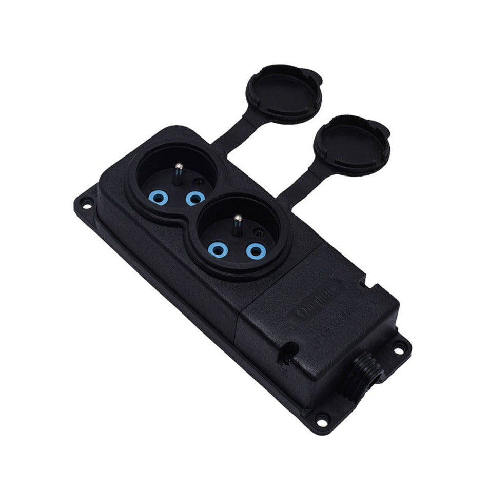 Black rubber double watertight surface-mounted socket, 250V, 16A, IP44, French type E 2P+E, 2KMP-E, Bylion