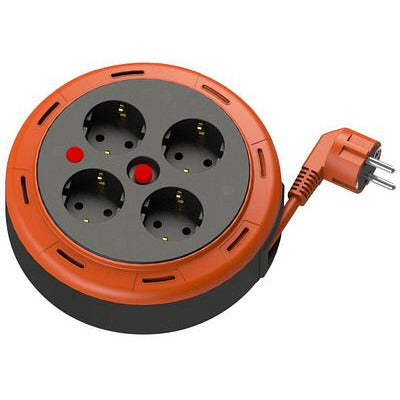 Cablu de prelungire cu role pentru casetă compactă, cablu de 5m cu 4 prize IP20 + siguranță termică + siguranță pentru copii, 3x1mm2, împământare tip SCHUKO , PHE-05310-F