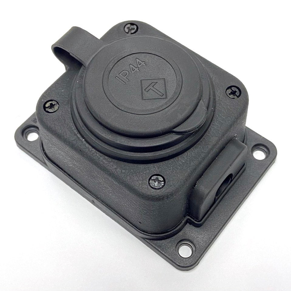 Priză, franceză tip E (Pin), negru "cauciuc" pentru suprafață 250V, 16A, IP44, 2P+Z, 1KMP-E, Bylion