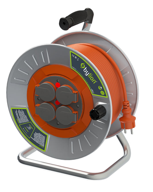 Professional metal cable reel with 3x2,5 mm2 copper cable, IP44 with overload protection, 16 A current, Schuko type with 4 sockets, length 50M, cable color: orange