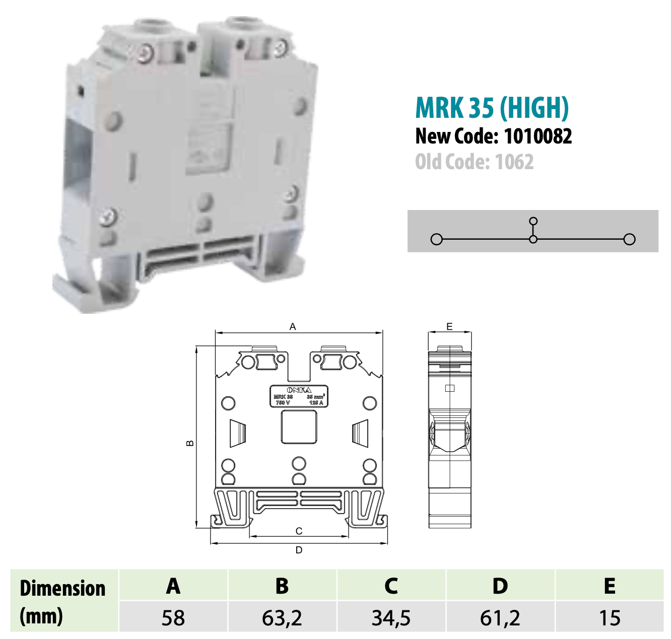 ONKA 35mm2 Screw terminal block DIN rail connector terminal 2 wires gray, 1010082
