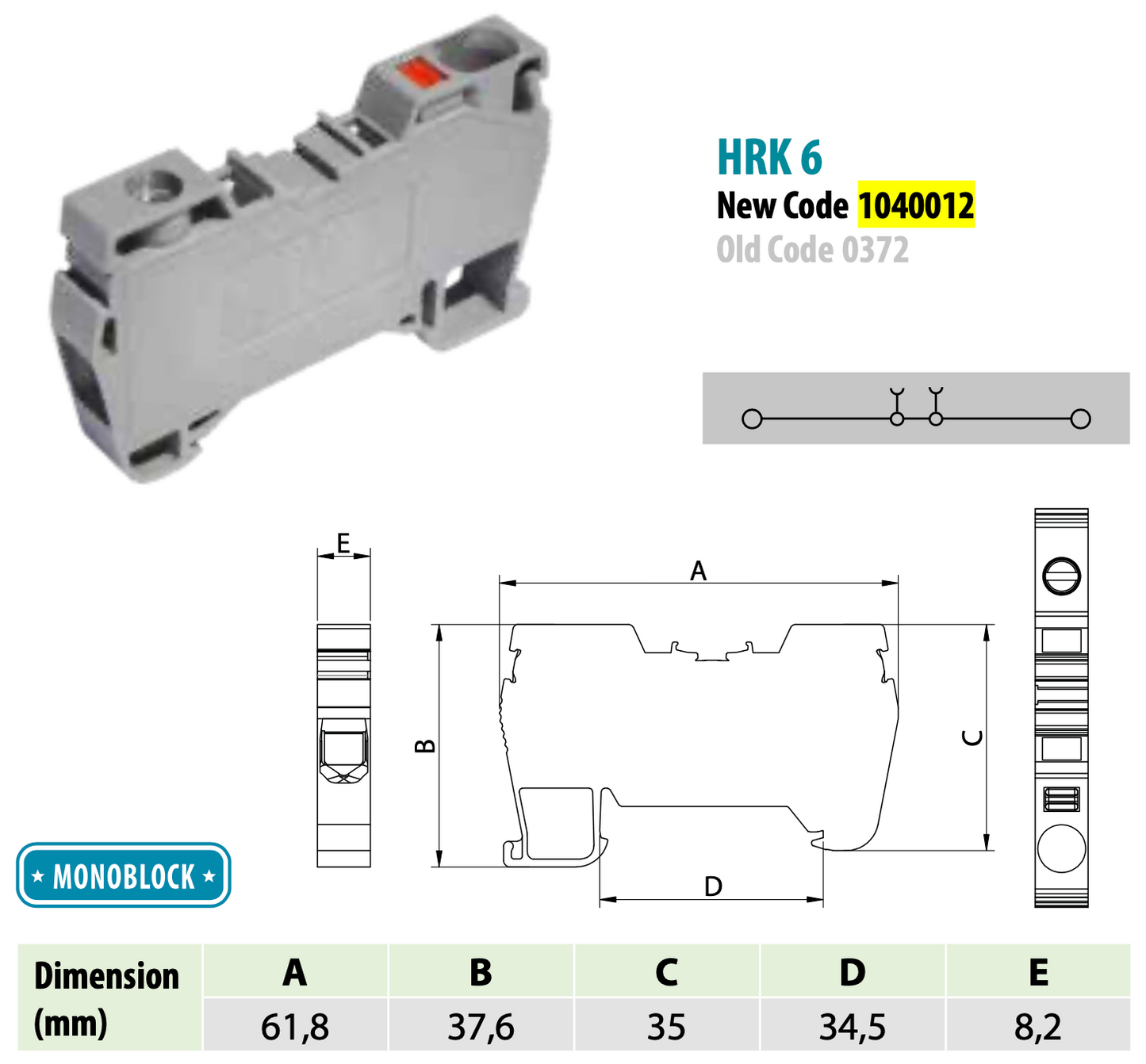 ONKA 6mm2 Hybrid Screw/Spring Rail Connector Terminal Block DIN Rail Terminal Block 2-wire gri, 1040012