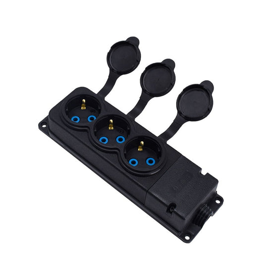 Priză triplă "cauciuc" neagră cu capac ermetic IP44 250V, 16A, SCHUKO 2P+Z, 3KMP-F, Bylion