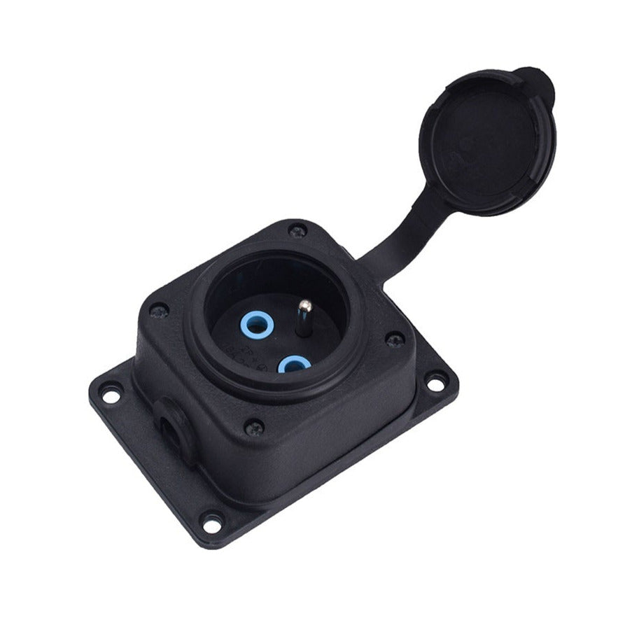 Priză, franceză tip E (Pin), negru "cauciuc" pentru suprafață 250V, 16A, IP44, 2P+Z, 1KMP-E, Bylion