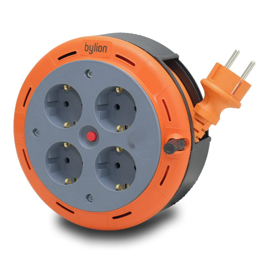 Cablu de prelungire cu role pentru casetă compactă, cablu de 5m cu 4 prize IP20 + siguranță termică + siguranță pentru copii, 3x1mm2, împământare tip SCHUKO , PHE-05310-F