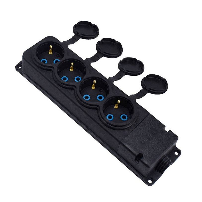 4x priză de cauciuc "cauciuc" negru cu capac ermetic IP44, 250V, 16A, SCHUKO 2P+Z, 4KMP-F, Bylion