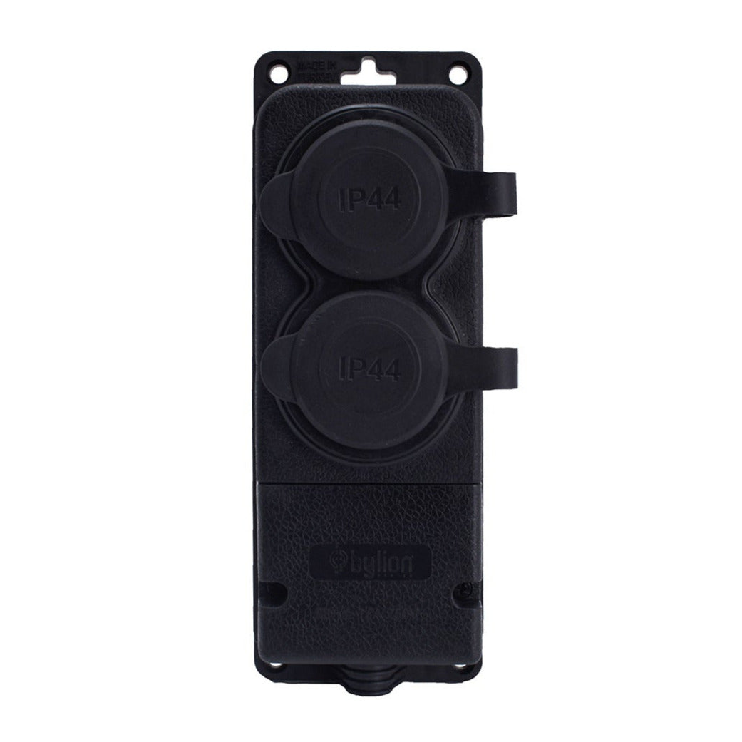 Black rubber double watertight surface-mounted socket, 250V, 16A, IP44, SCHUKO 2P+E, 2KMP-F, Bylion