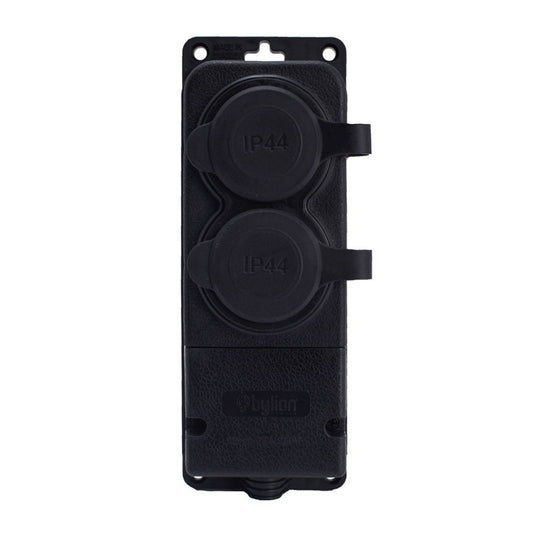 Soclu dublu din cauciuc negru ermetic montat la suprafață 250V, 16A, IP44, SCHUKO 2P+Z, 2KMP-F, Bylion