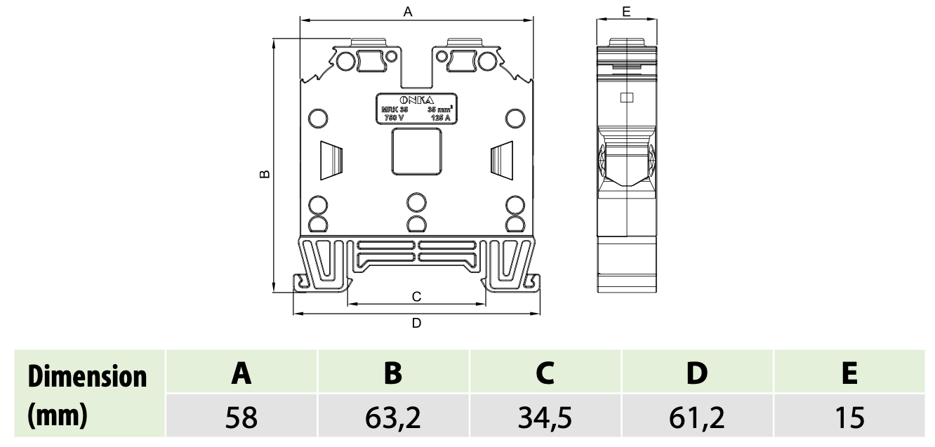 ONKA 35mm2 Screw terminal block DIN rail connector 2 wires blue, 1010085