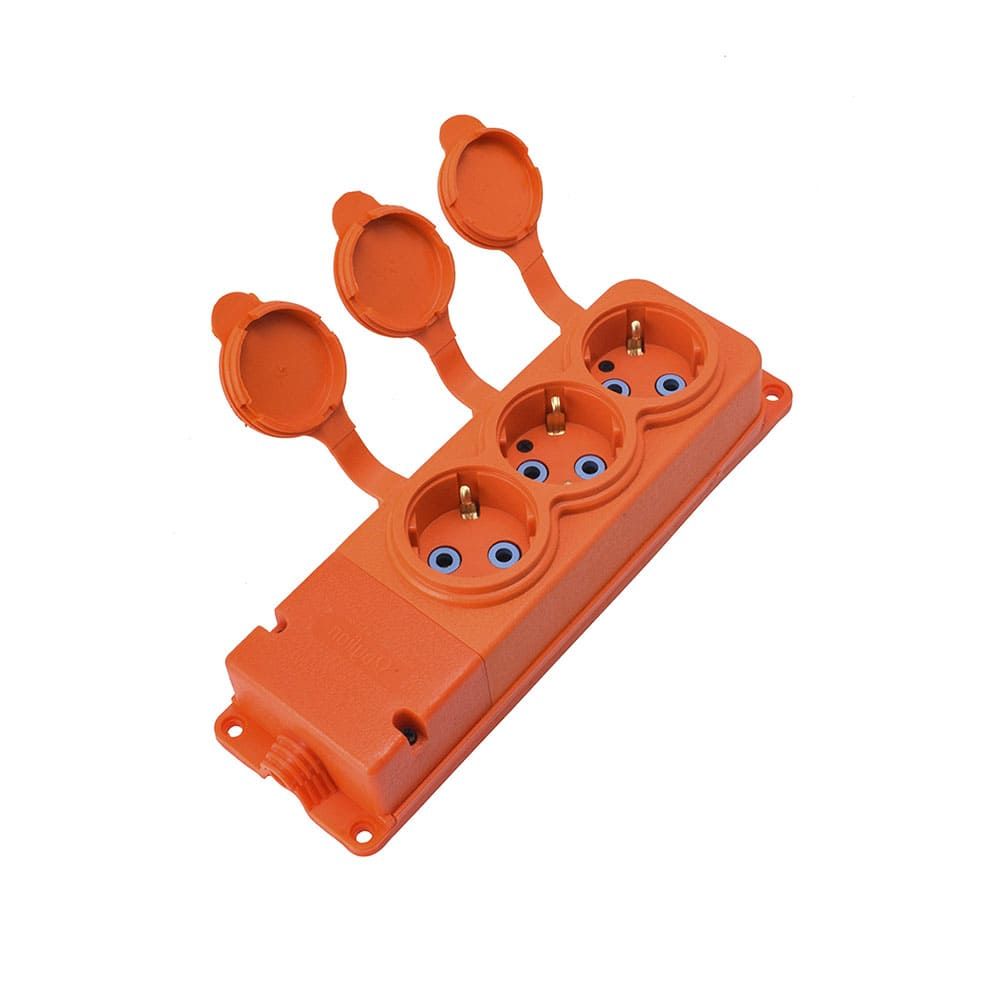 Priză triplă "cauciuc" portocalie cu capac ermetic IP44 250V, 16A, SCHUKO 2P+Z, 3KMP-F-O, Bylion