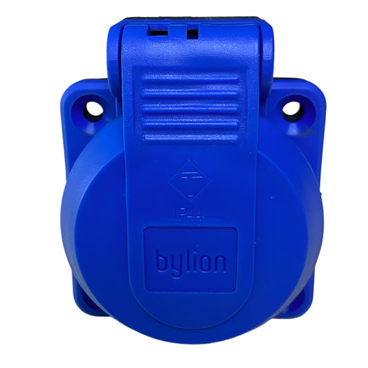 Watertight socket 2P+E, 230/220V, with grounding, IP44, with flap, blue, 250V, Schuko
