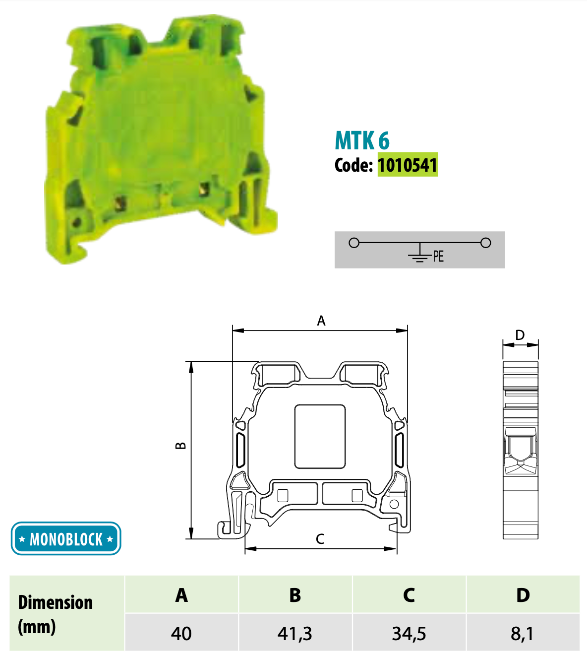 ONKA 6mm2 PE Conector șină cu șurub bloc terminal șină DIN terminal 2 fire gri, 1010541