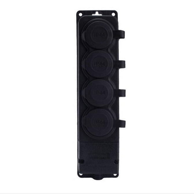 4x priză de cauciuc "cauciuc" negru cu capac ermetic IP44, 250V, 16A, SCHUKO 2P+Z, 4KMP-F, Bylion