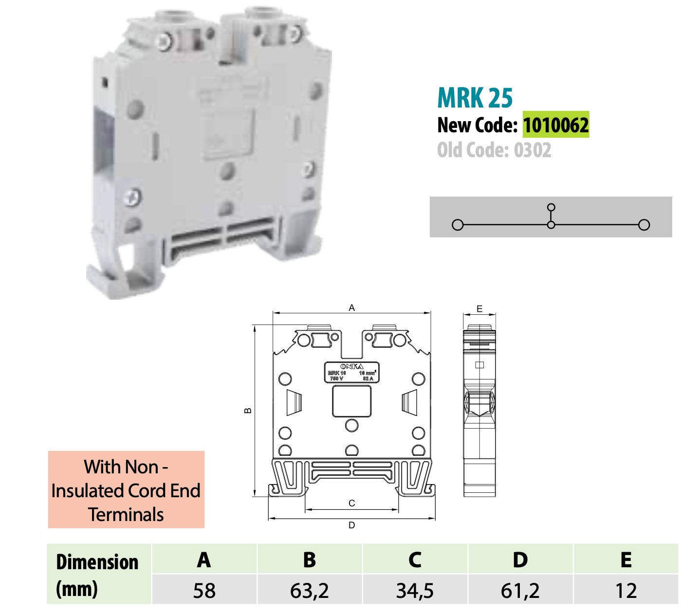 ONKA 25mm2 Screw Rail Connector Terminal Block DIN Rail Terminal 2 Wires Gray, 1010062