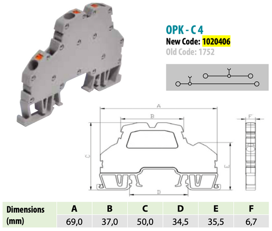 ONKA 4mm2, 2 levels spring connector for DIN rail terminal block terminal 4 wires gray, 1020406