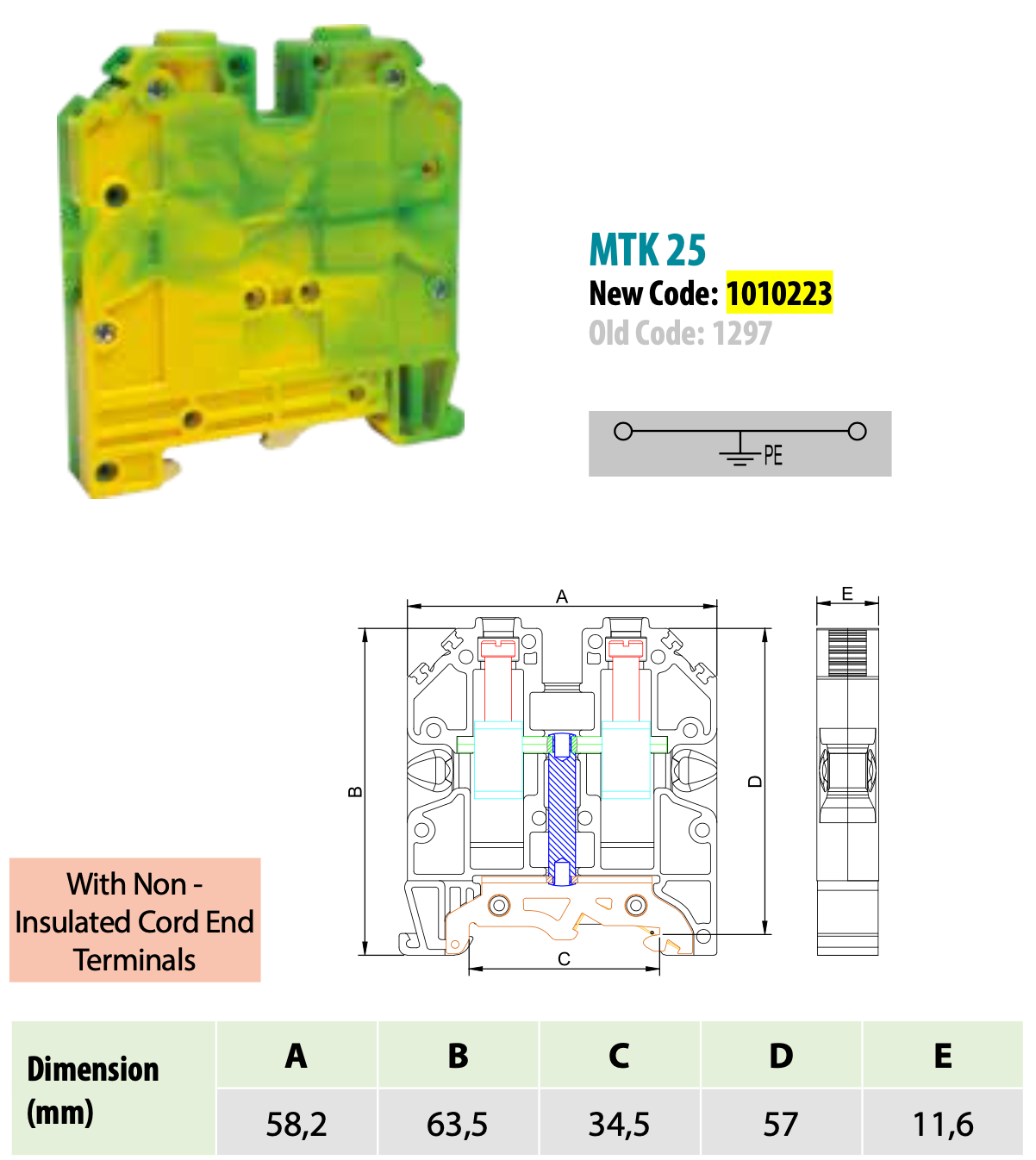 ONKA 16mm2 PE Conector șină cu șurub bloc terminal șină DIN terminal 2 fire gri, 1010223