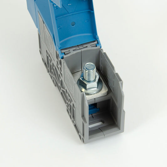 ONKA 150mm2 M12 Bloc terminal conector șină cu șurub Terminal șină DIN cu capac de protecție, albastru, 1030091