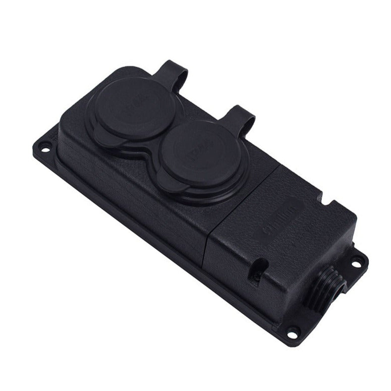 Black rubber double watertight surface-mounted socket, 250V, 16A, IP44, SCHUKO 2P+E, 2KMP-F, Bylion