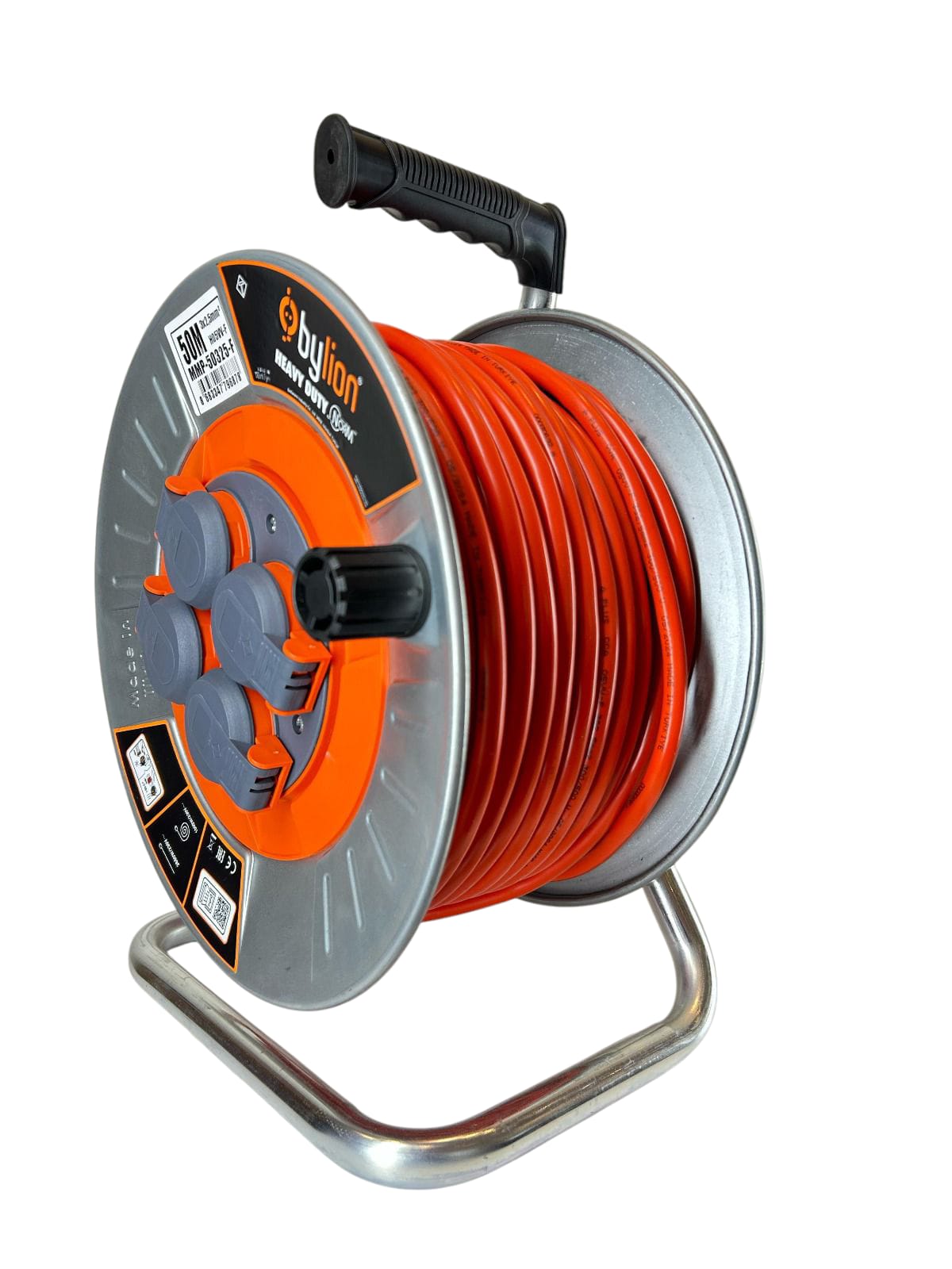 Troliu metalic profesional cu cablu de cupru 3x2,5 mm2, IP44 cu protecție la suprasarcină, curent 16 A Tip francez cu 4 prize, lungime 50M, culoarea cablului: portocaliu