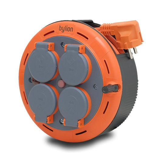 IP44 Cablu de extensie cu role pentru casetă compactă, cablu de 5 m cu 4 prize + siguranță termică/copil, 3x1mm2, împământare tip SCHUKO, PHP-05310-F