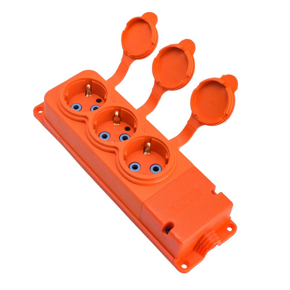 Priză triplă "cauciuc" portocalie cu capac ermetic IP44 250V, 16A, SCHUKO 2P+Z, 3KMP-F-O, Bylion