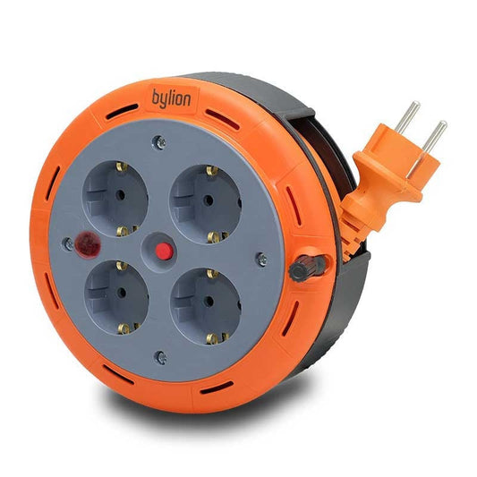 Extension cord with reel for compact box, 5m cable with 4 sockets IP20 + thermal fuse + child safety, 3x1mm2, French type (pin), PHE-05310-E