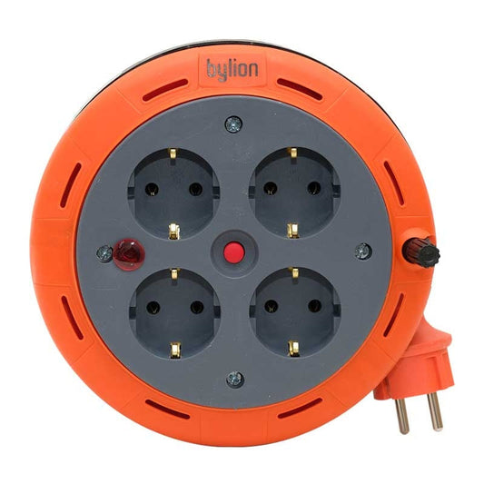 Cablu de prelungire cu role pentru casetă compactă, cablu de 5m cu 4 prize IP20 + siguranță termică + siguranță pentru copii, 3x1mm2, împământare tip SCHUKO , PHE-05310-F