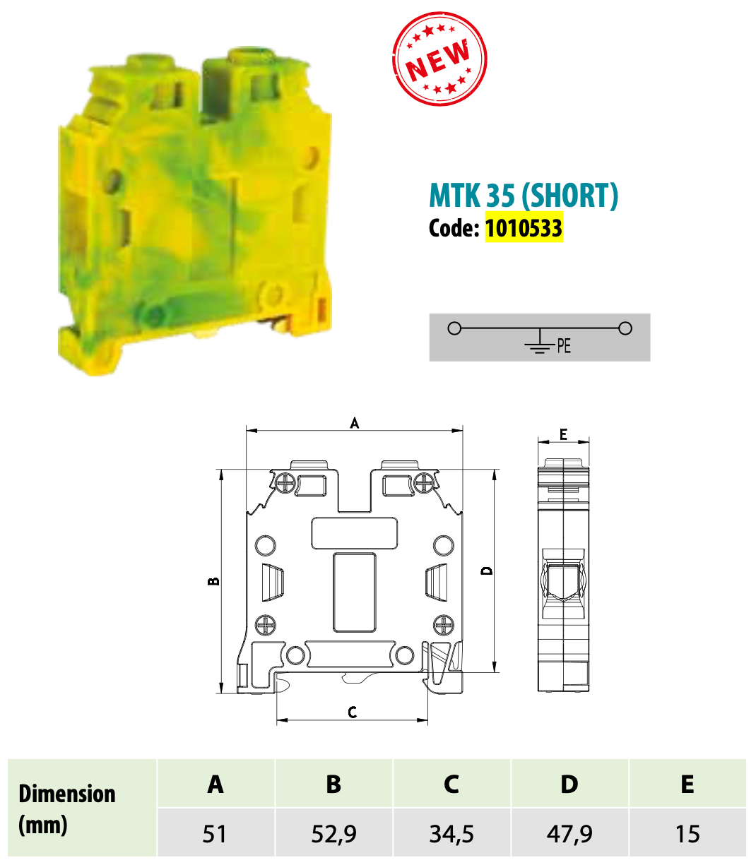 ONKA 35mm2 PE Conector șină cu șurub bloc terminal șină DIN terminal 2 fire gri, 1010533