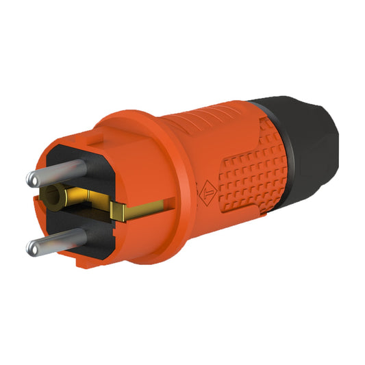 Orange rubber plug IP54, for cable, double grounding, 2P+E, REF-O, 16 amperes 250 volts, manufacturer Bylion.