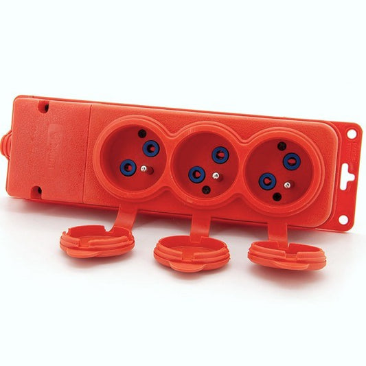 3x priză, tip francez E, priză triplă "cauciuc" portocalie cu capac ermetic IP44 250V, 16A, 2P+Z, 3KMP-E-O, Bylion